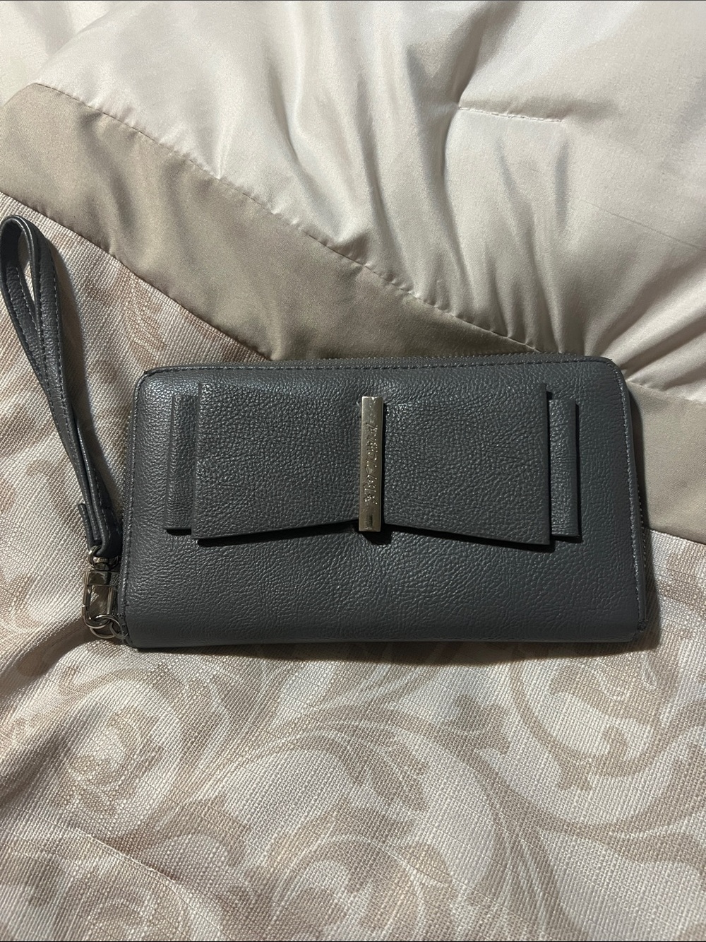 Betsey Johnson Gray Pebbled Wristlet with Logo Plaque